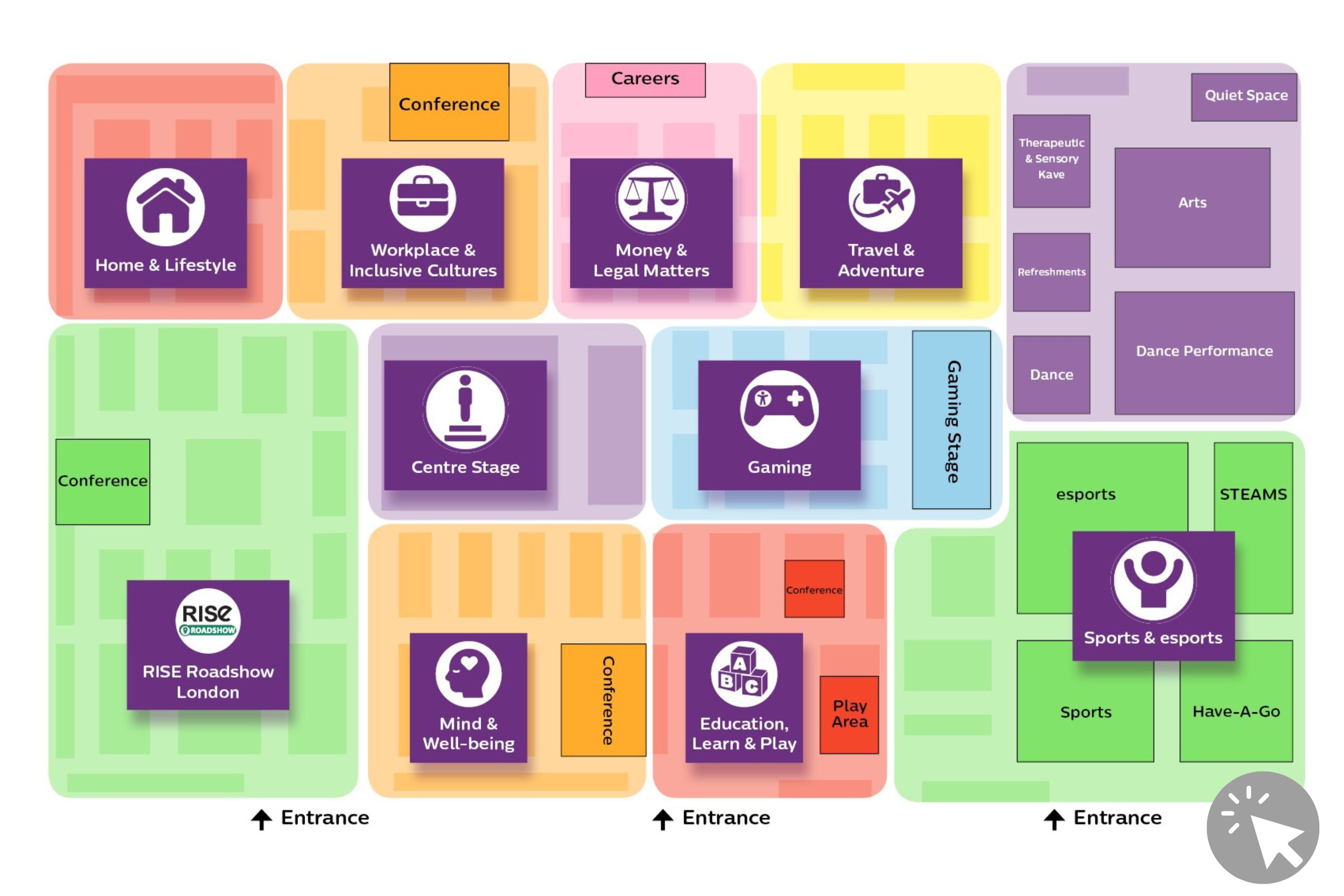 Disability Expo floorplan, segmented into priority action areas.