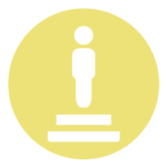 Yellow circle featuring a white icon of a person standing on a stage.