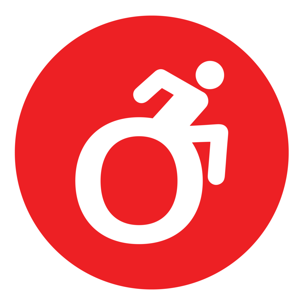 Red circle featuring a white icon of a person in a wheelchair.