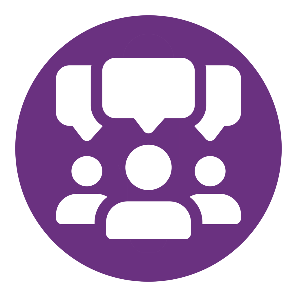 Purple circle featuring a white icon showing 3 people talking with speech bubbles.