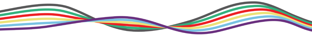 A graphic of a wave made up of the colours that form the Disability Pride Month flag. Iincluding purple, blue, yellow, red, green and black. 