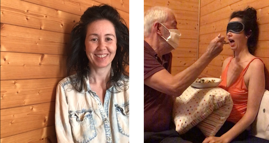 Two photographs of Charlotte Bramford, sharing her experience of when your family members become your carers. On the left Charlotte is sitting alone and smiling at the camera. On the right she is blindfolded and being spoonfed by an older man.