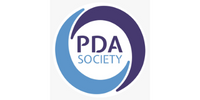 circle with two shades of blue, dark and light with PDA society text in the middle