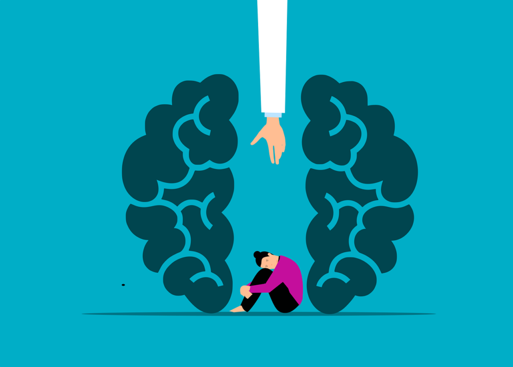 Illustrator of a woman sitting on the ground, surrounded by two halves of a brain, an arm in a white coat is reaching out to her.