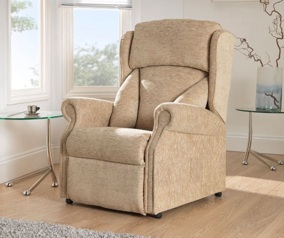 Ability Plus beige coloured rise and recline chair in a living room setup.