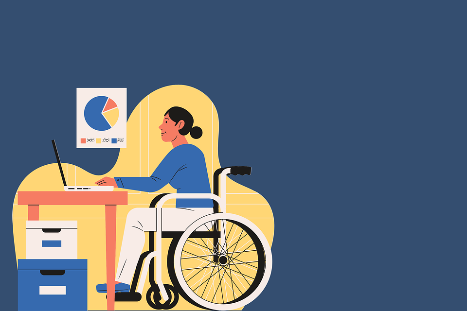 A stylisied cartoon of a woman in a wheelchair working at a desk.