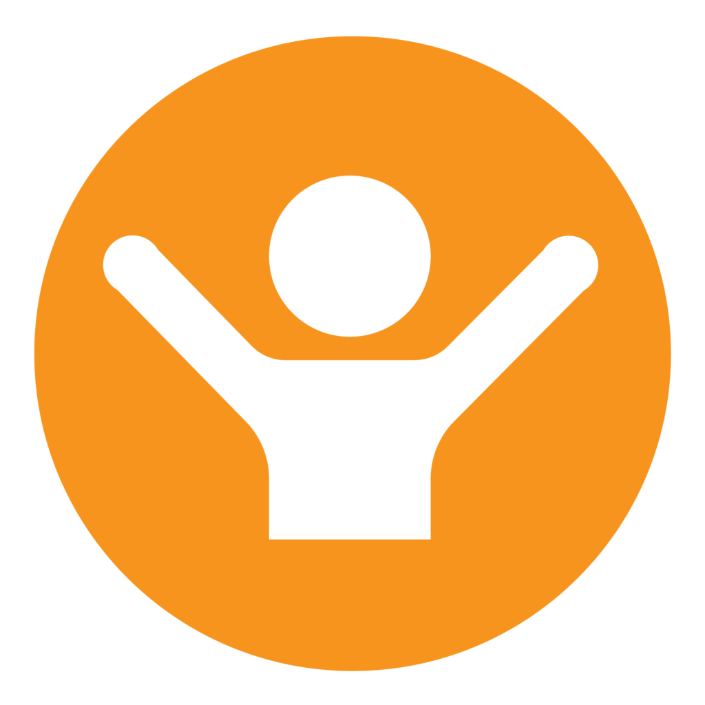 A orange circle feature a white icon of a person with their hands up in the air.