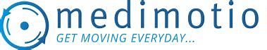 Logo of Medimotion in two shades of blue dark and light, slogan saying get moving everyday