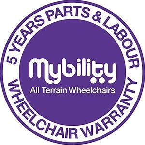 logo of mybility, dark purple wih text around the outside saying 5 years parts and labour wheelchiar warrenty