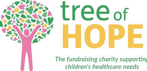 symbol of a person in pink holding there hands up in the air to represent a tree, with text saying tree of hope, the childern chairity helping funding needs