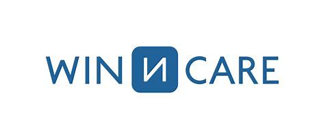 wincare logo, win in light blue, n in a square with white text and care in light blue