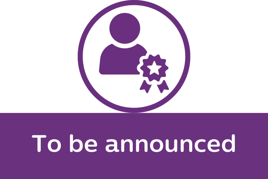 Purple circular icon of a person with a rosette badge. A purple box below reads 'To be announced'.
