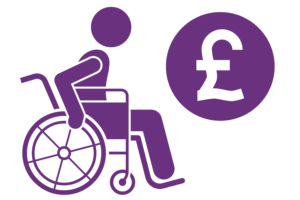 A purple illustration of a person in a wheelchair, beside a British pound symbol. Representing the finance and legal issues surrounding disability.