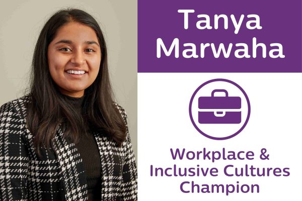 Headshot of Tanya Marwaha, Workplace & Inclusive Cultures champion. To the right of her image is the logo for this area featuring a purple briefcase.