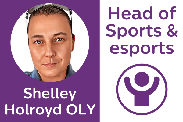 A cartoon style headshot of Shelley Holroyd OLY. Directly beside is her title of Head of Sports & esports and the logo icon for this priorty action area.